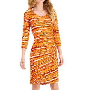 Fever Orange/White Striped Print Ruched Knee Length Dress